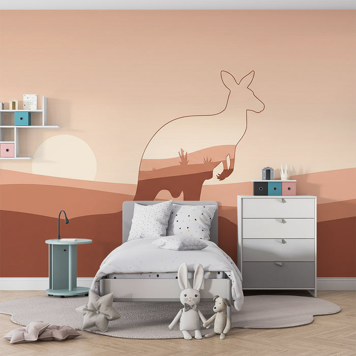 Kids room wallpaper | Stylized kangaroo in a soft-toned desert landscape