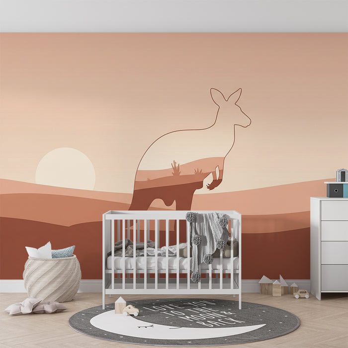 Kids room wallpaper | Stylized kangaroo in a soft-toned desert landscape