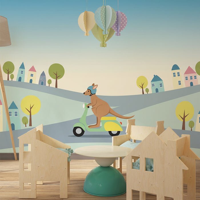 Kinderkamer behang | Kangoeroe op een scooter in een kleurrijk landschap