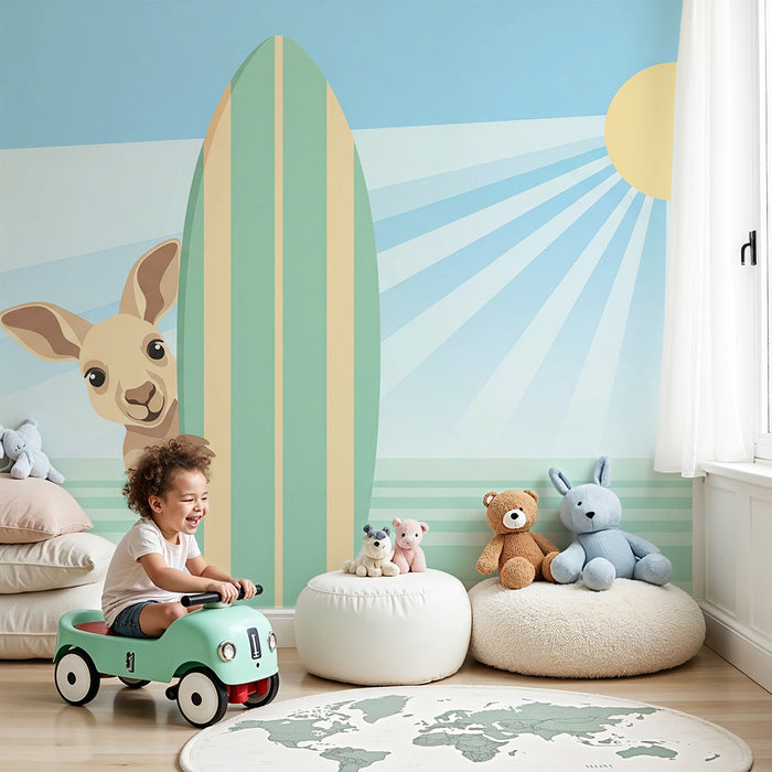 Papel de parede criança | Canguru surfando sob o sol de verão