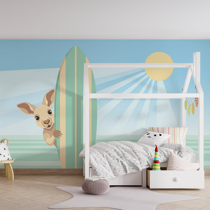 Papel de parede criança | Canguru surfando sob o sol de verão