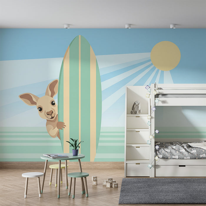 Papel de parede criança | Canguru surfando sob o sol de verão