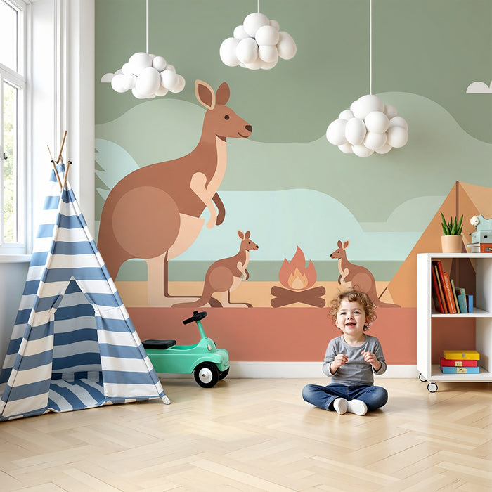 Kids room wallpaper | Kangaroos around a campfire in nature