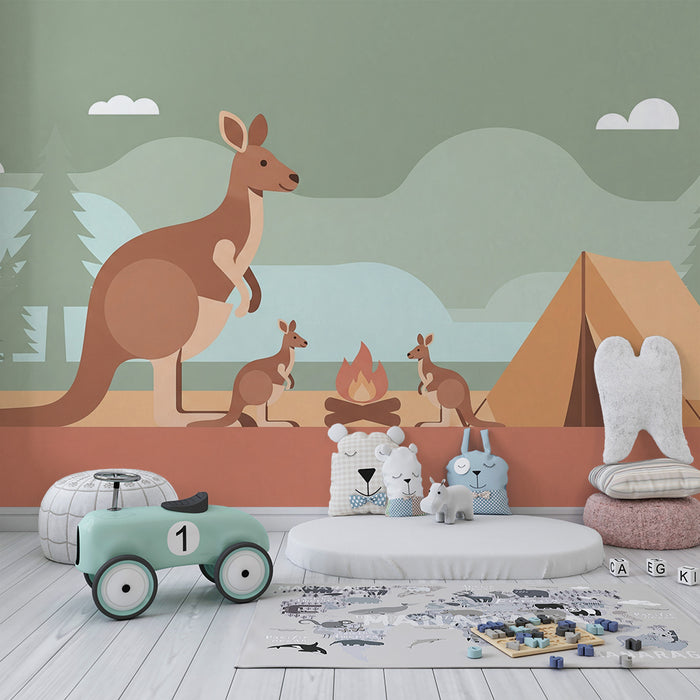 Kids room wallpaper | Kangaroos around a campfire in nature
