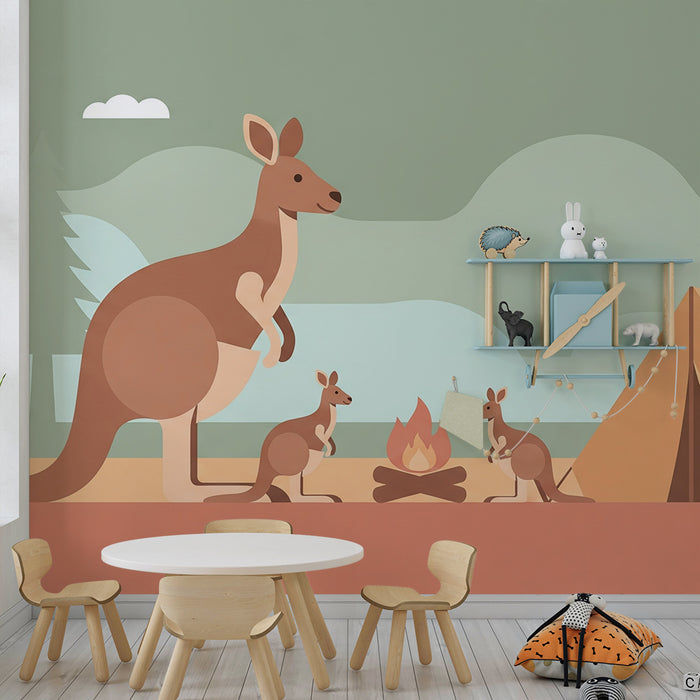 Kids room wallpaper | Kangaroos around a campfire in nature