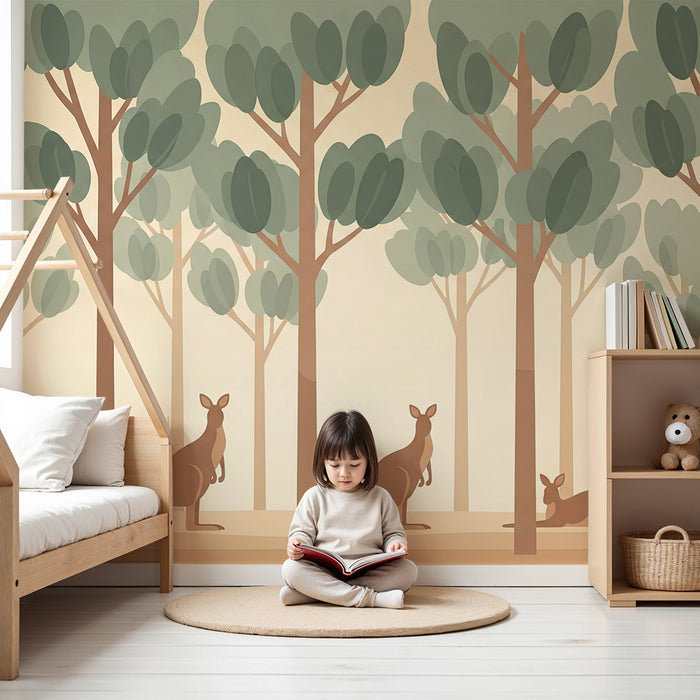 Papier peint chambre enfant | Kangourous dans une forêt apaisante
