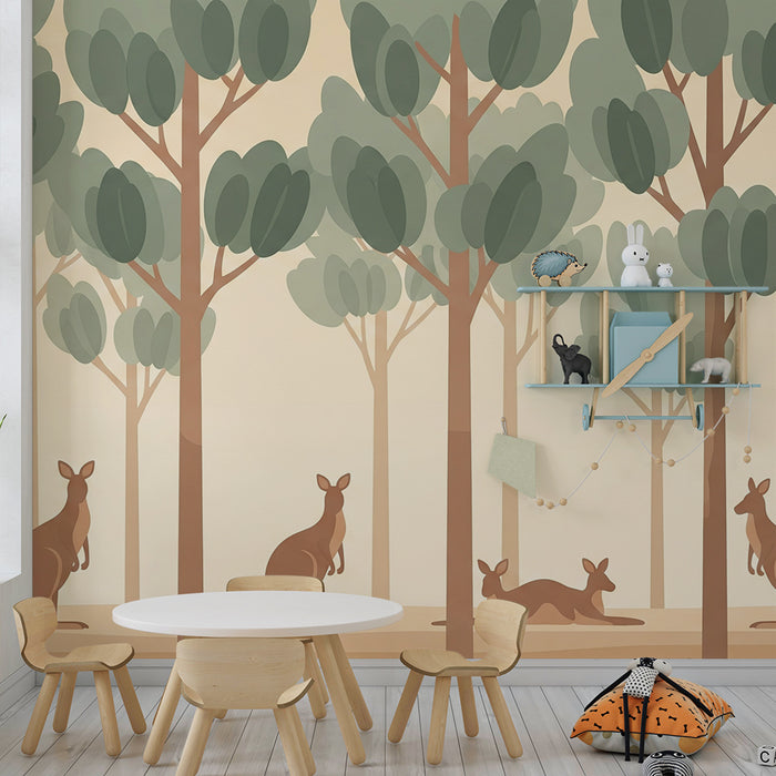Papier peint chambre enfant | Kangourous dans une forêt apaisante