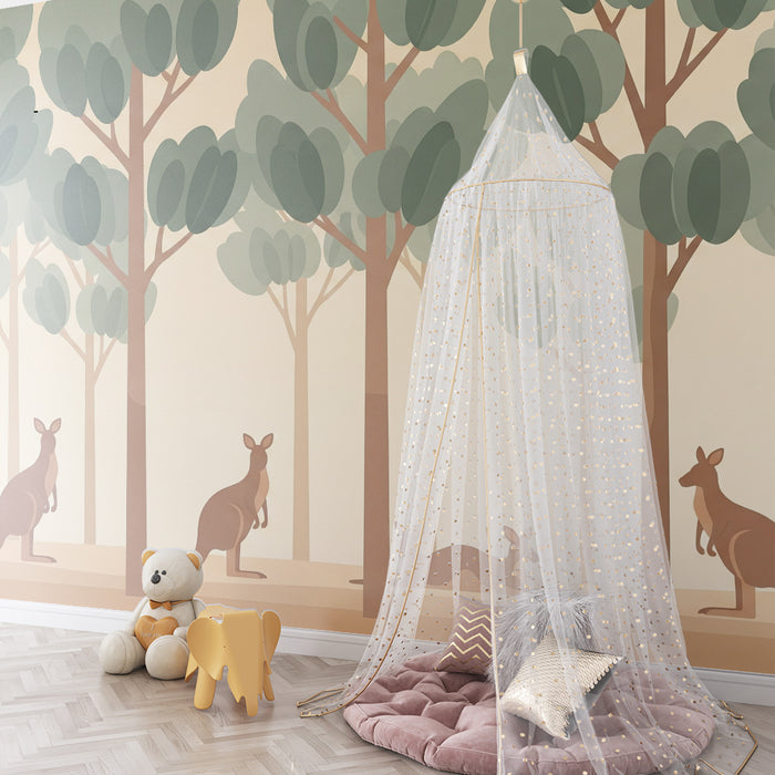 Papier peint chambre enfant | Kangourous dans une forêt apaisante