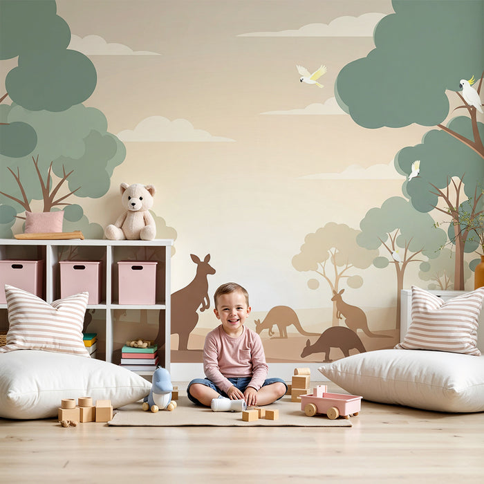 Papier peint chambre enfant | Kangourous et nature australienne au coucher du soleil