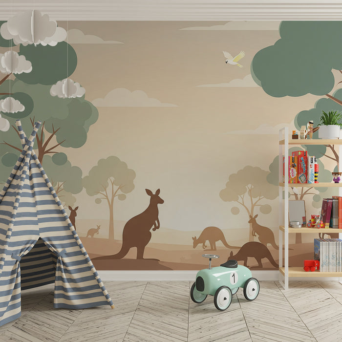 Papier peint chambre enfant | Kangourous et nature australienne au coucher du soleil