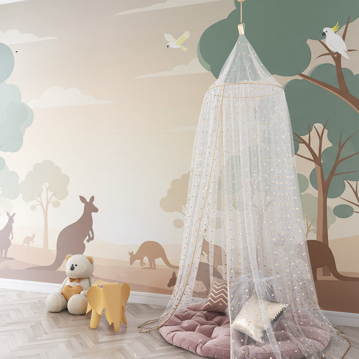 Papier peint chambre enfant | Kangourous et nature australienne au coucher du soleil