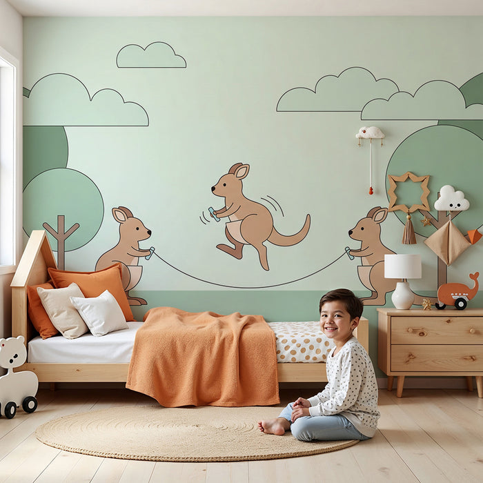 Kinderzimmer Tapete | Fröhliche Kängurus, die Seil springen in einer sanften Landschaft