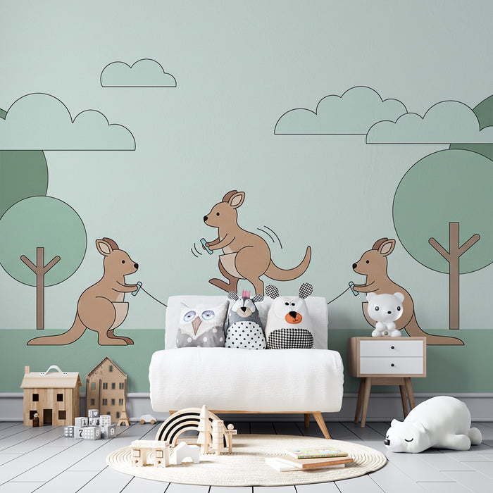 Kinderzimmer Tapete | Fröhliche Kängurus, die Seil springen in einer sanften Landschaft