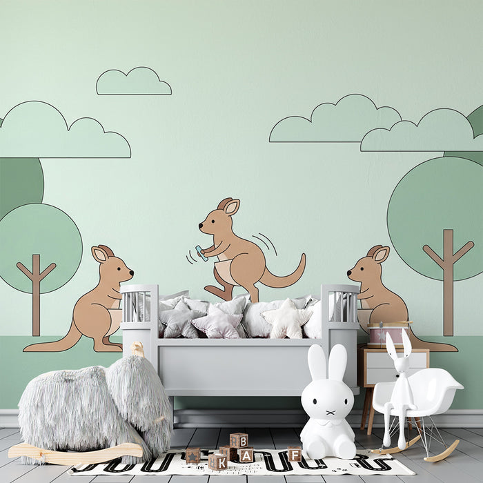Kinderzimmer Tapete | Fröhliche Kängurus, die Seil springen in einer sanften Landschaft
