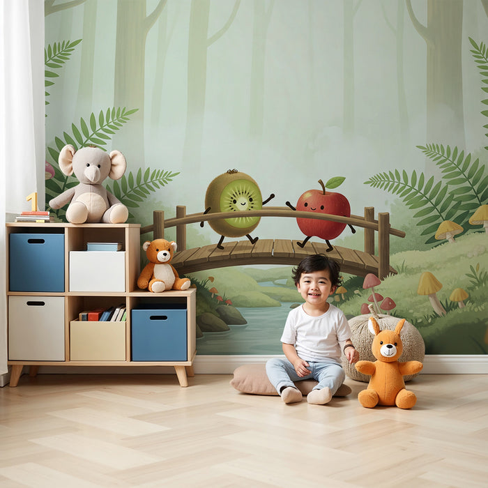 Papel de parede para quarto de criança | Kiwi e maçã numa floresta encantada