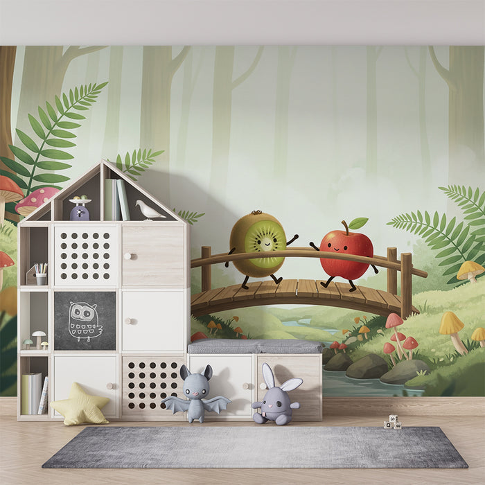 Papel de parede para quarto de criança | Kiwi e maçã numa floresta encantada