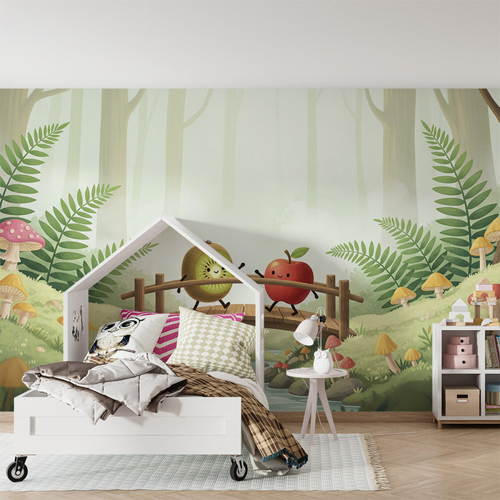 Papel de parede para quarto de criança | Kiwi e maçã numa floresta encantada