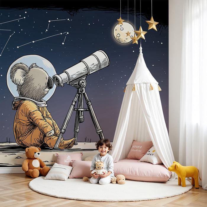 Papel de parede criança | Koala astronauta observando as estrelas com um telescópio