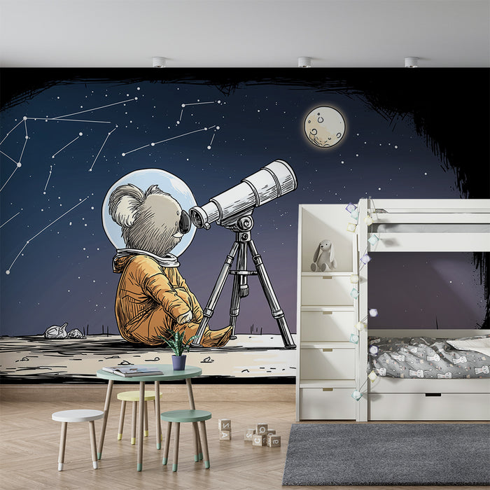 Papel de parede criança | Koala astronauta observando as estrelas com um telescópio