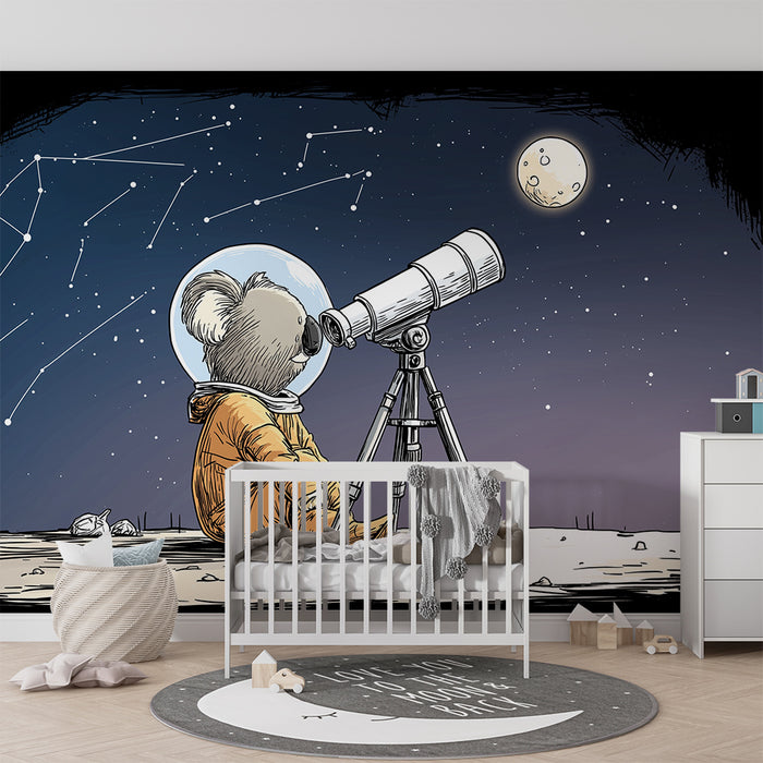 Papel de parede criança | Koala astronauta observando as estrelas com um telescópio