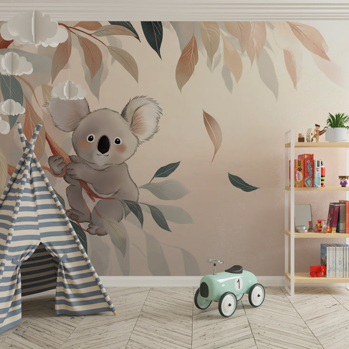 Kinderkamer behang | Knuffelende koala tussen de bladeren