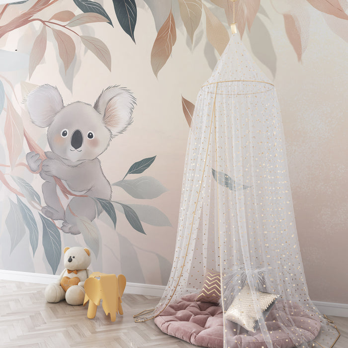 Kinderkamer behang | Knuffelende koala tussen de bladeren