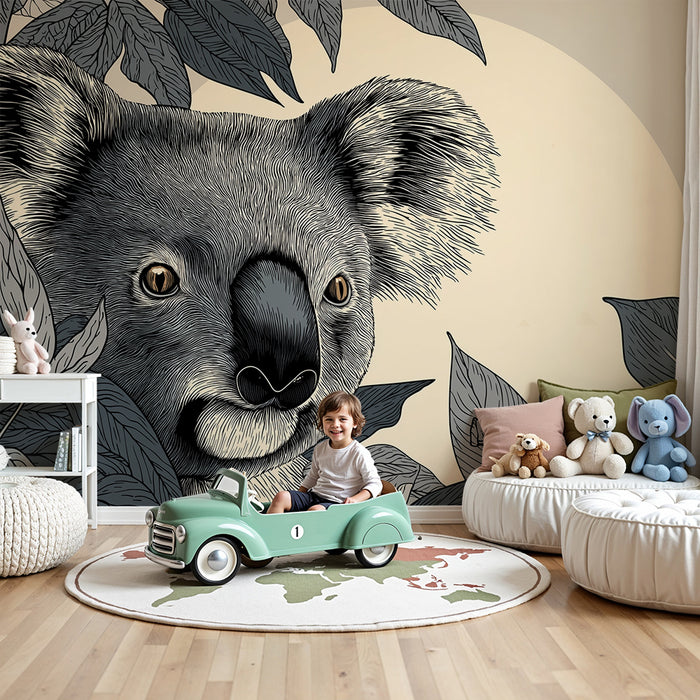 Tapet barnerom | Nysgjerrig koala blant tropiske blader