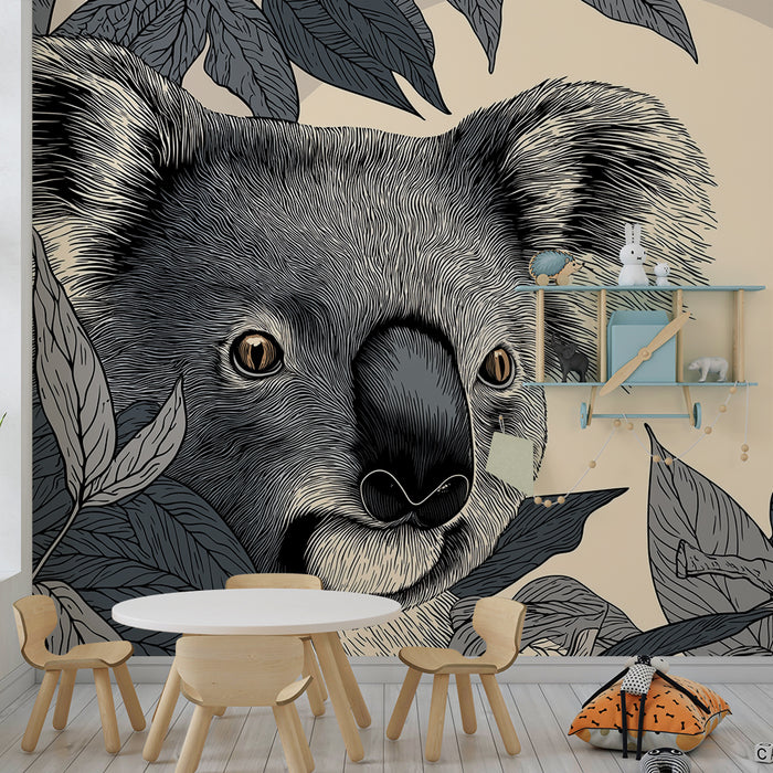 Tapet barnerom | Nysgjerrig koala blant tropiske blader