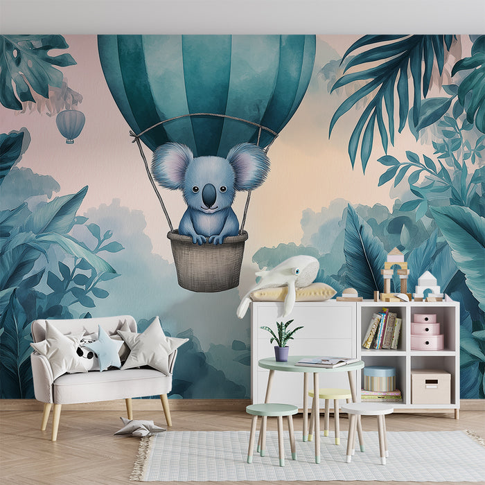 Papel de parede criança | Koala într-un balon cu aer cald deasupra unei jungle tropicale