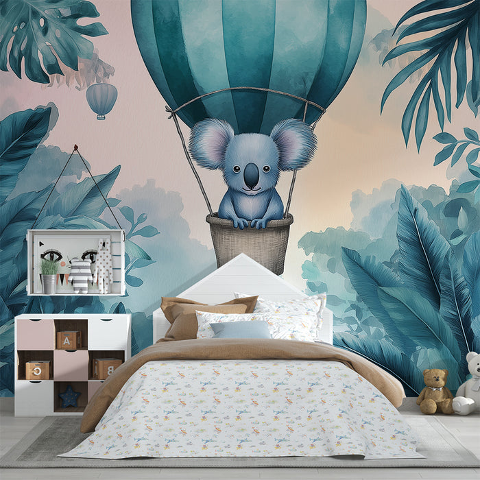 Papel de parede criança | Koala într-un balon cu aer cald deasupra unei jungle tropicale
