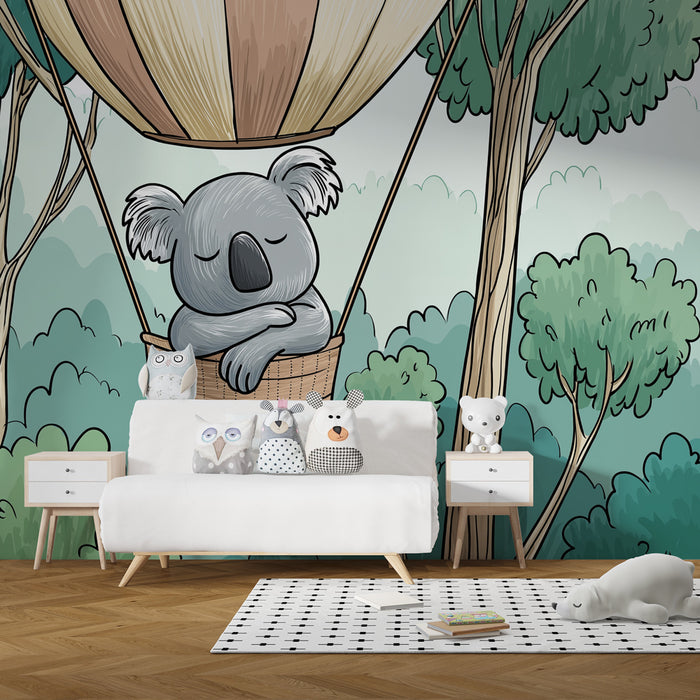 Tapet barnerom | Koala i en kurv over skogen