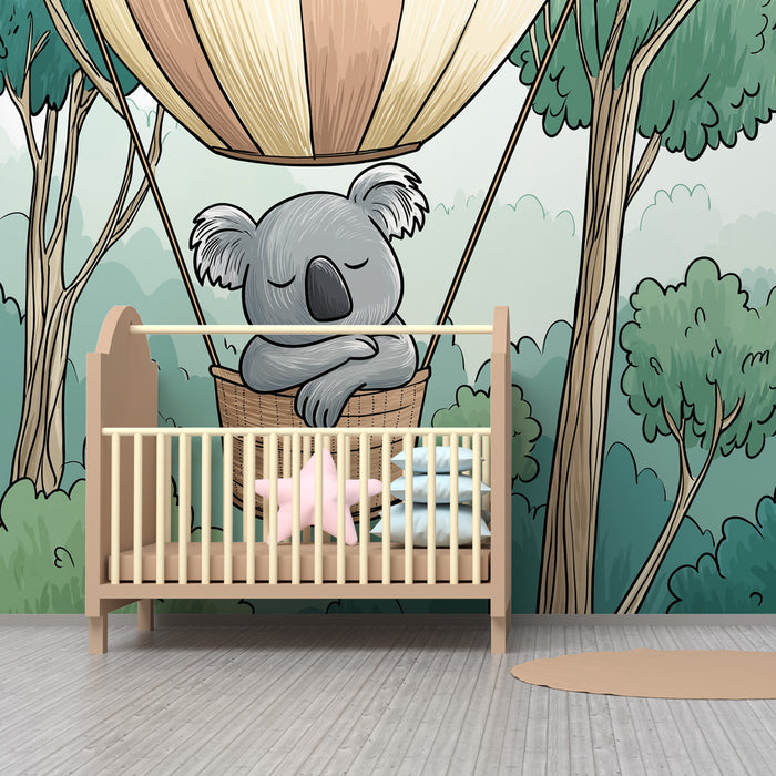 Tapet barnerom | Koala i en kurv over skogen