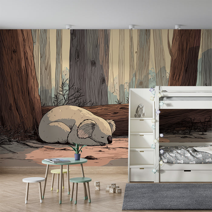 Papier peint chambre enfant | Koala endormi dans une forêt paisible