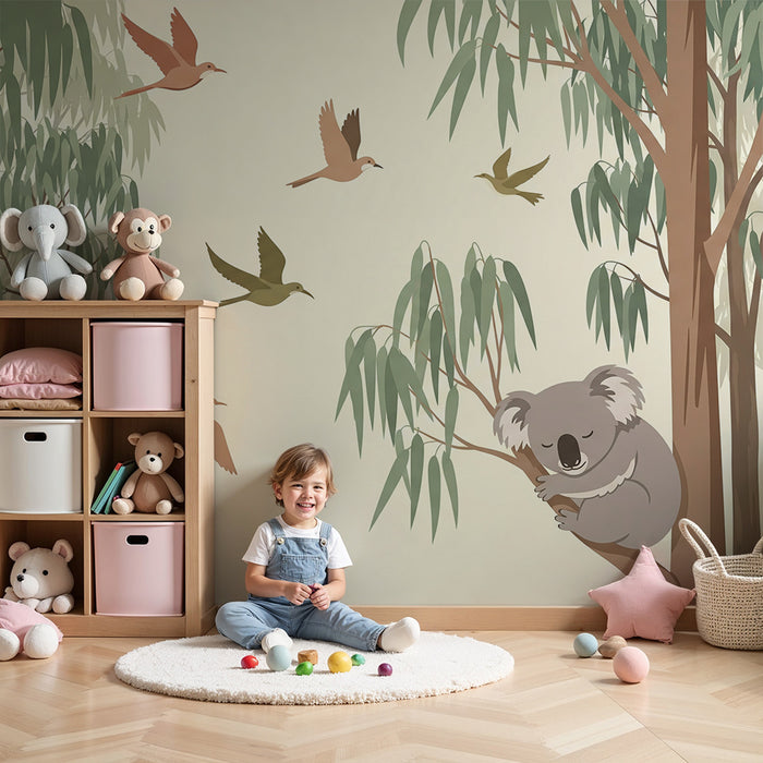 Gyermekszobai tapéta | Alvó koala és színes madarak eukaliptusz erdőben