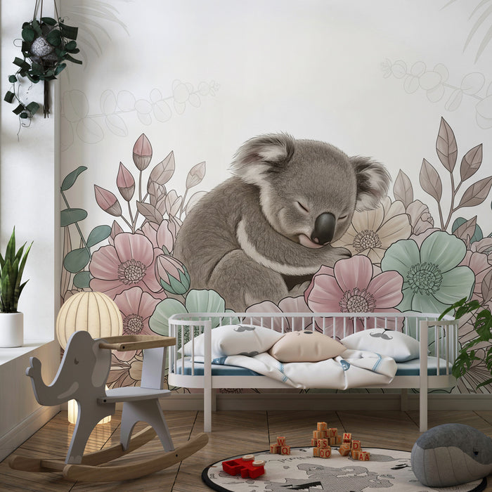 Detská izba tapéta | Spiaci koala medzi kvetmi