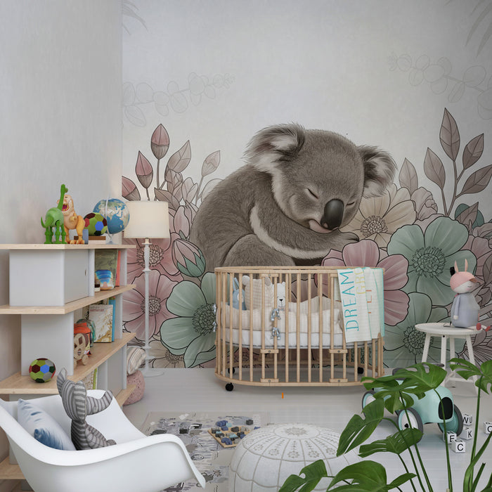Detská izba tapéta | Spiaci koala medzi kvetmi