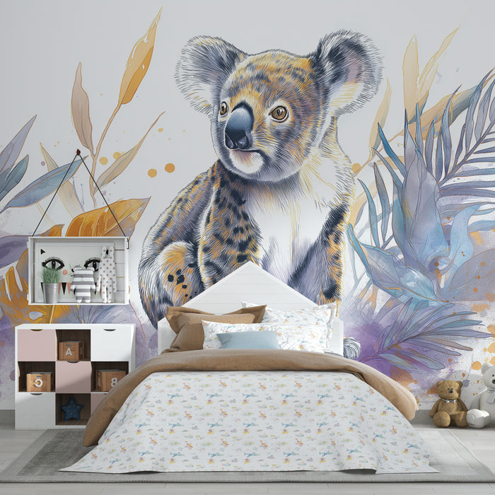 Papel de parede criança | Koala e folhagem tropical