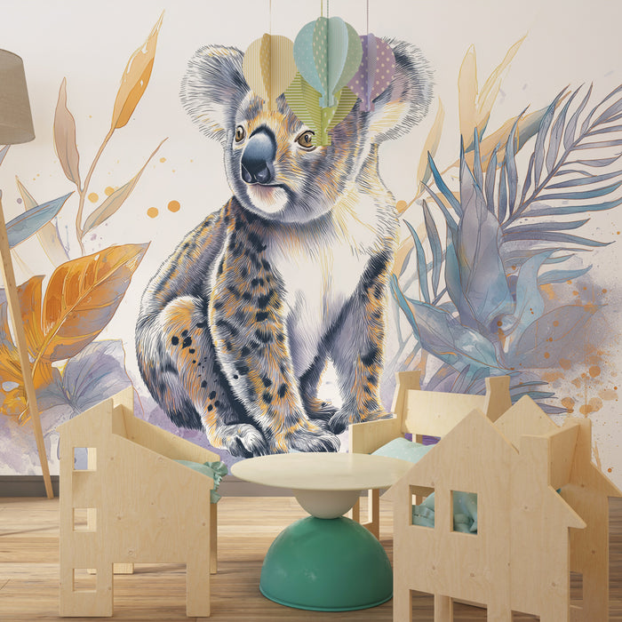 Papel de parede criança | Koala e folhagem tropical