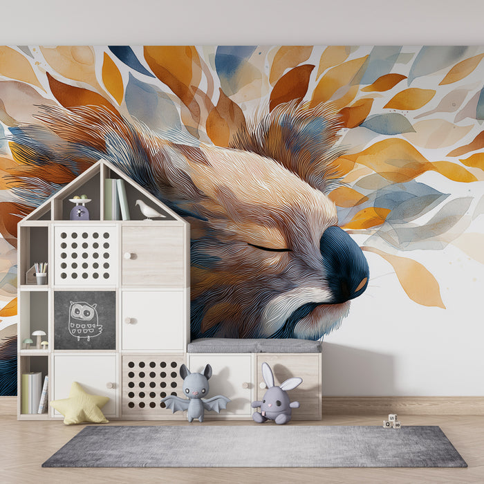 Papier peint chambre enfant | Koala et feuilles colorées