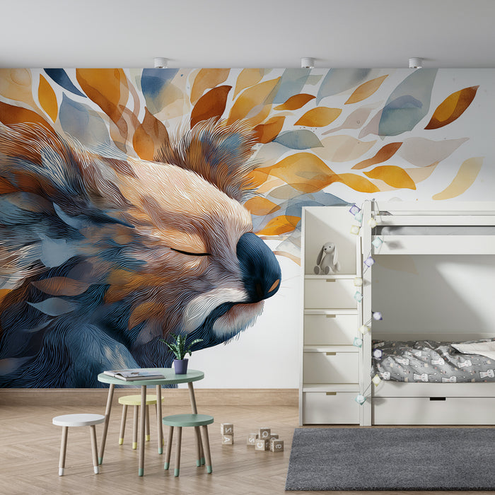 Papier peint chambre enfant | Koala et feuilles colorées