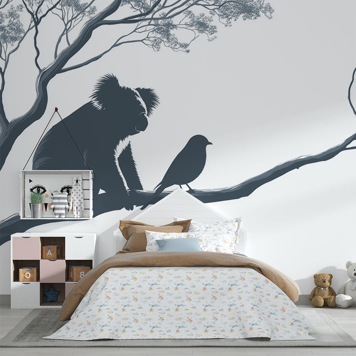 Carta da parati bambini | Koala e uccello su un ramo d'albero