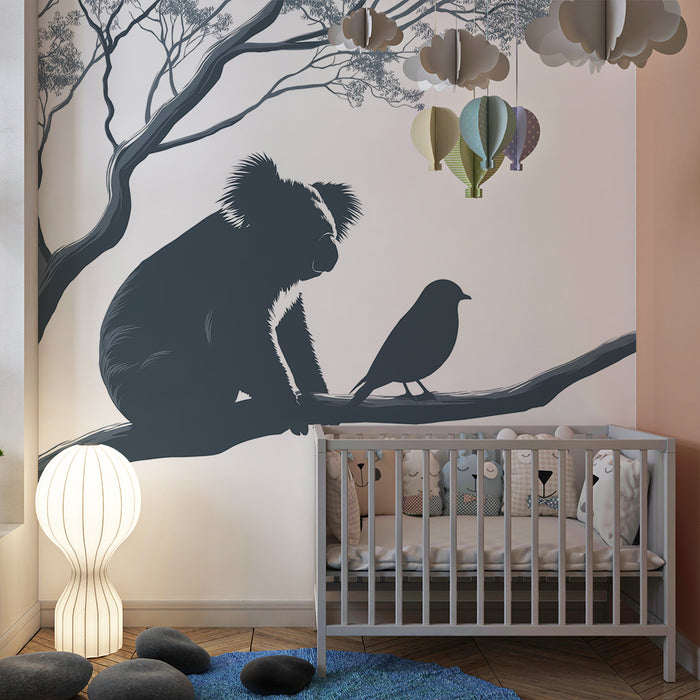 Carta da parati bambini | Koala e uccello su un ramo d'albero