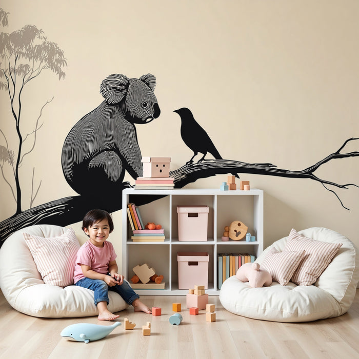 Tapet pentru camera copilului | Koala și pasăre pe o ramură într-un stil minimalist