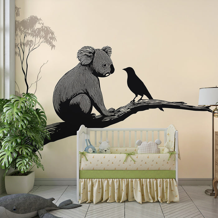Tapet pentru camera copilului | Koala și pasăre pe o ramură într-un stil minimalist