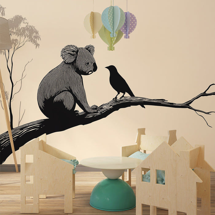 Tapet pentru camera copilului | Koala și pasăre pe o ramură într-un stil minimalist