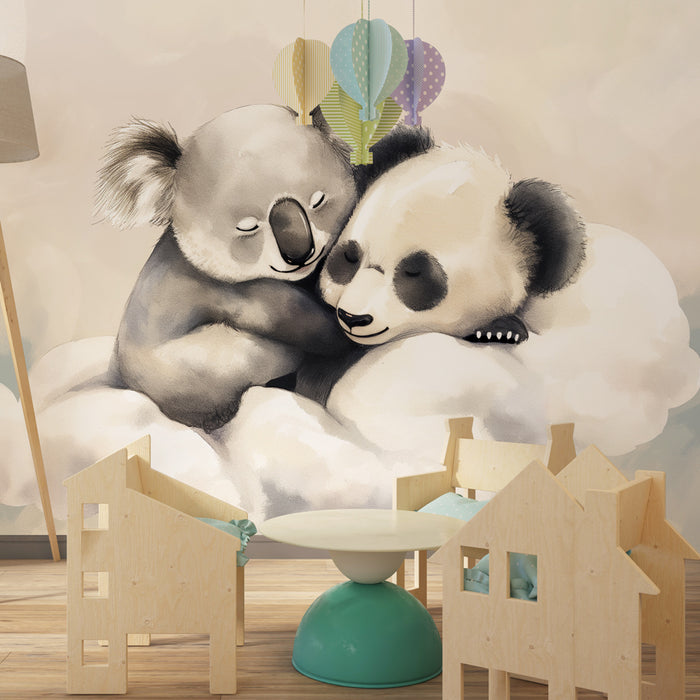 Papel de parede criança | Adoráveis coalas e pandas nas nuvens