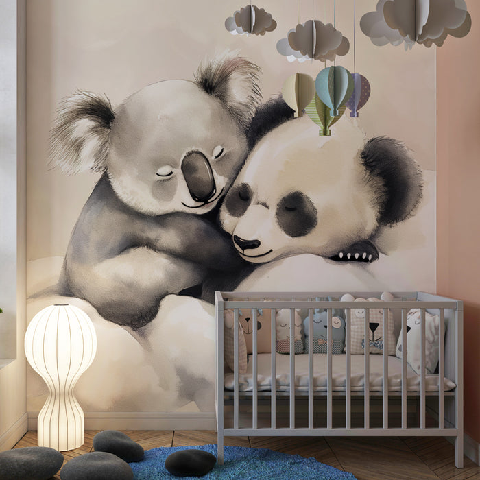 Papel de parede criança | Adoráveis coalas e pandas nas nuvens