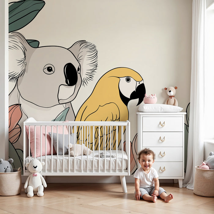 Barntapet | Koala och papegoja i en färgglad djungel