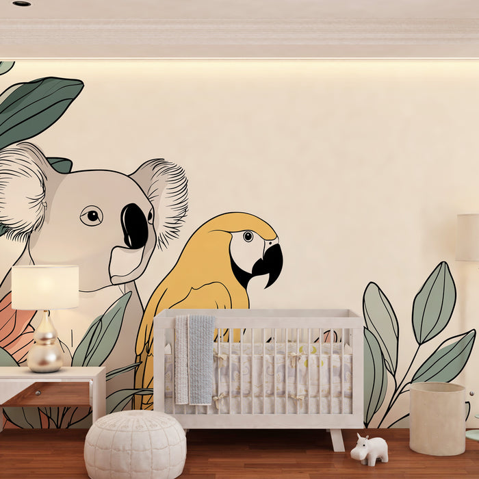 Barntapet | Koala och papegoja i en färgglad djungel