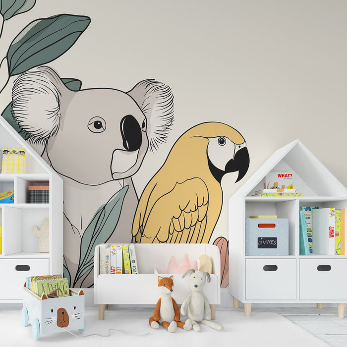 Barntapet | Koala och papegoja i en färgglad djungel